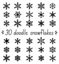 Doodle snowflakes set of isolated handdrawn snow ornaments Royalty Free Stock Photo