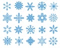 Doodle snowflakes. Variations of winter blue symmetrical snow flakes, geometric frozen crystal icons Christmas New year