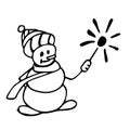 Doodle snowman with a burning sparkler in his hand