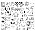 Doodle social media icons. Drawing symbols, website sketch art. Network or digital marketing elements, photo click arrow