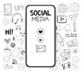 Doodle social media icons, realistic smartphone mockup. Conversation concept, world web network vector design