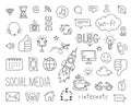 Doodle social media icons. Web design and digital content, blogging and sharing. Business company, marketing sketch Royalty Free Stock Photo