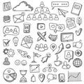 Doodle social media. Sketch social networks, communication friendly like network smartphone, phone, computer vector set