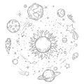 Doodle solar system. Hand drawn sun, cosmic comet and planet earth vector illustration. Outer space monochrome coloring book Royalty Free Stock Photo