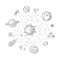 Doodle solar system. Trendy handdrawn space, planet meteor comet astronomy elements. Vector lineart