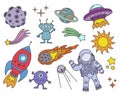 Doodle space bundle. Hand drawn colorful cosmic collection. Exploration set. Astronaut, Rocket, Planet, Sun