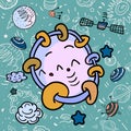 Doodle space with a cheerful drawing of a space object. Smile. Planets on a blue background. - Vector illustration