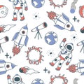 Doodle space seamless pattern. Decorative universe children fabric print template. Astronomy elements, doodle planets Royalty Free Stock Photo