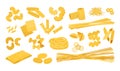 Doodle spaghetti. Cartoon Italian wheat pasta food. Macaroni types. Isolated farfalle and rotini. Tagliatelle or cavatappi.