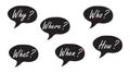 Doodle speech bubble with 5W1H questions set. Brainstorming, information, idea, consulting label.Problem solving, investigation