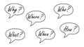 Doodle speech bubble with 5W1H questions set. Brainstorming, information, idea, consulting label.Problem solving, investigation