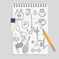 Doodle sport elements on realistic notebook