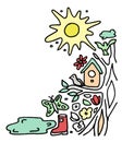 Doodle spring illustration with a tree on which there is a birdhouse with a bird