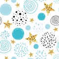 Doodle Star Seamless Pattern Background. Blue Gold Stars Abstract Gold Glitter Stars Seamless Texture Ci