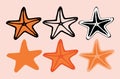 A set of isolated starfish elements in a hand-drawn doodle style on a sand background. Orange starfish with black and red outline Royalty Free Stock Photo