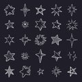 Doodle stars on black background. Cute pen sketch space elements, simple geometric set. Vector hand drawn star pattern Royalty Free Stock Photo