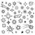 Doodle stars vector set isolated on white. Hand drawn sky with star and comets collection