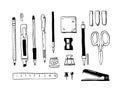 Doodle stationery. Hand drawn school and office tools, pen pencil marker sticker ruler scissors. Vector isolated graphic Royalty Free Stock Photo