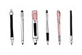 Doodle stationery. Pens and pencils. Office supplies. School accessories. Isolated highlighter. Ink stylus. Line