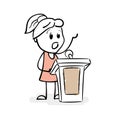 Doodle stick figure of young girl speaker on podium. Cartoon stick figure woman stands behind stage with a raised hand. Orator