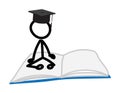 Doodle stickfigure with black graduate cap sitting on open books