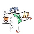 Doodle stickman illustration concept. Cooking woman with tasty food