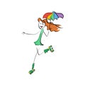 Doodle stickman illustration concept. Roller cyber-girl with rainbow umbrella