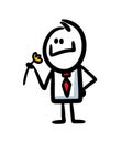 Doodle stickman in office dress code costume and tie smelling a flower with happy smile.