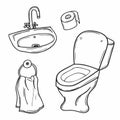 Doodle style bathroom objects illustration including toilet,paper,sink and towel in vector format