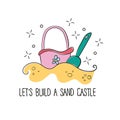 Doodle style childrens beach sand castle bucket and shovel in vector format