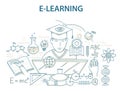 Doodle style design concept of e-learning and online education. Royalty Free Stock Photo