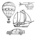 Doodle style drawing land, air and sea transport vector set Royalty Free Stock Photo