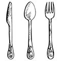 Doodle style eating utensils illustration in vector format including knife, fork, spoon Royalty Free Stock Photo