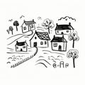 Whimsical Hand-drawn Doodle Of A Rural Village On White Background