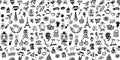 Doodle style graphic seamless pattern with flowers and skulls, fruits and sweets line elements