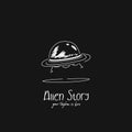 Alien story logo with ufo unidentified flying object in doodle scribble hand drawing kid illustartion icon symbol