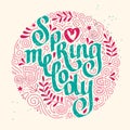 Doodle style with hand drawn lettering Spring melody. pink and green elements leaves and petals, treble clef and notes. Vector