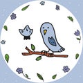 Doodle style hand drawn. An owl is sitting on a branch with leaves. The chick is flying. Flower wreath