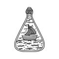 Doodle style illustration. The ship inside the bottle, hand-drawn