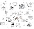 Black Friday Sales Icon Set in handwritten style on white background. Royalty Free Stock Photo