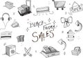 Black Friday Sales Icon Set in handwritten style on white background with black outline. Royalty Free Stock Photo