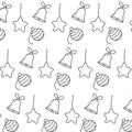 A doodle style pattern of Christmas elements. Hand drawing doodle pattern with Christmas tree toys and a bell Royalty Free Stock Photo