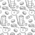doodle-style pattern with a cup of coffee, cookies, cream, sugar cubes. It is ideal for tea packaging design, kitchen accessories Royalty Free Stock Photo