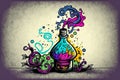 Doodle style poison or healing colorful potion on table, generative ai