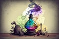 Doodle style poison or healing colorful potion on table, generative ai