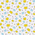 Doodle style seamless pattern of cats and hearts on grid disorted background. Perfect for T-shirt, textile and print. Hand drawn Royalty Free Stock Photo