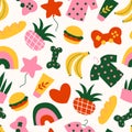 Doodle style seamless pattern. Online shopping. Various shopping objects. Vector illustration.