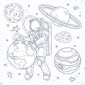 Doodle style set cosmos, astronaut hugging planet earth, star system with planets, asteroids and stars Royalty Free Stock Photo