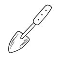 Doodle style shovel for soil and plant cultivation. Garden attribute icon isolated on white background for farming. Children sand