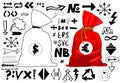 Doodle style sketch of a bag full of money finance and business. Vector illustration. Handwritten arrows, lines and signs isolated